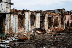 Ruined building Russian's war in Ukraine.