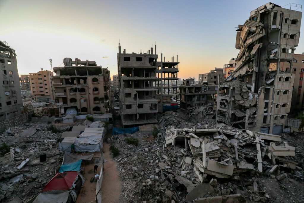 Destroyed buildings in war zones.
