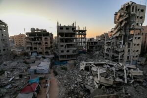 Destroyed buildings in war zones.